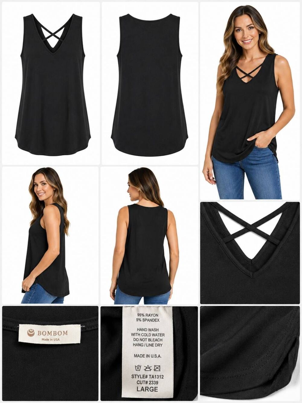 BOMBOM Black Criss Cross Front Tank Top Size L Made in USA